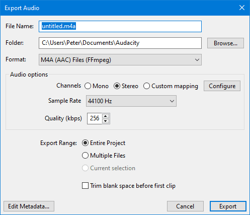 audacity export m4a