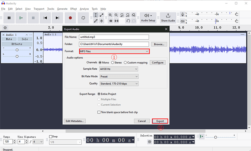 audacity export mp3 file