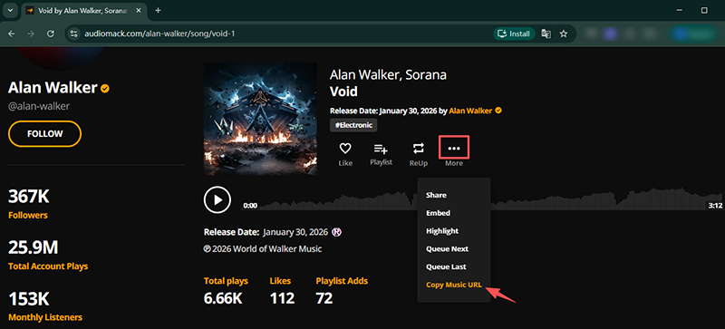 copy audiomack music url