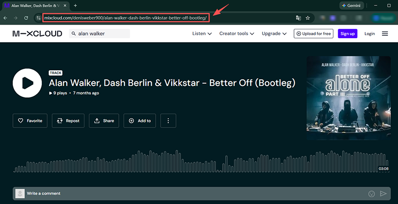 copy mixcloud track url