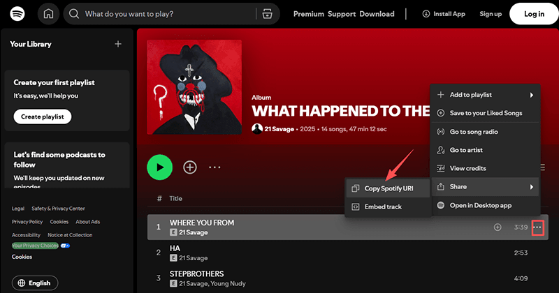 copy spotify track url