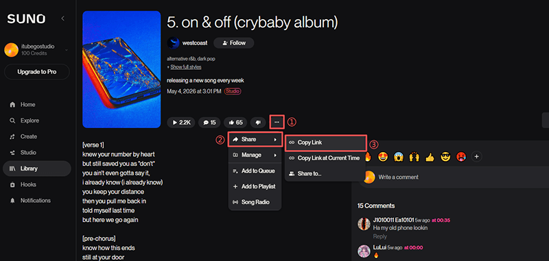 copy suno music url