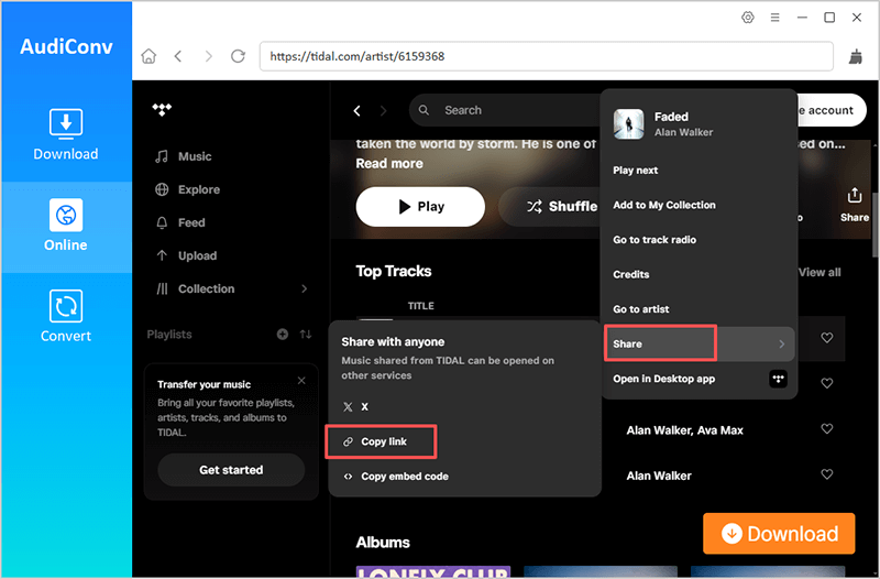 copy tidal music url