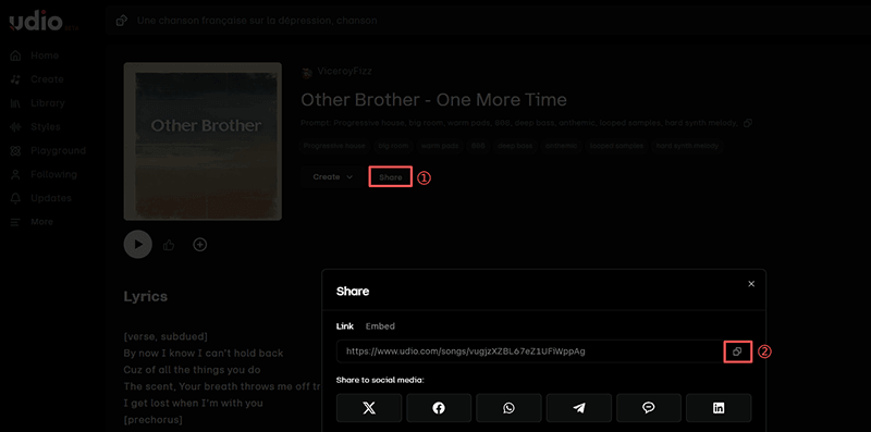 copy udio music url