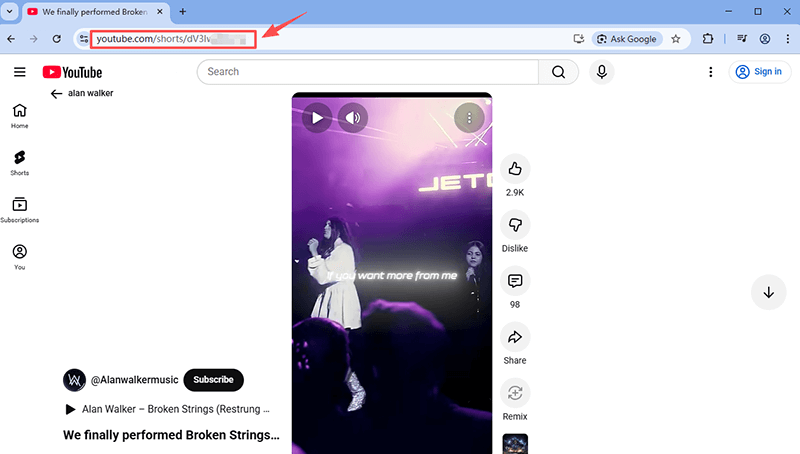 copy youtube short url