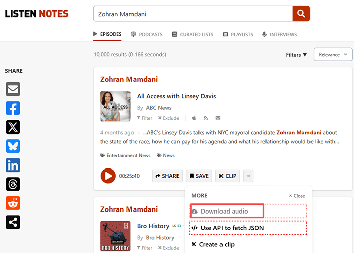 listennotes download audio