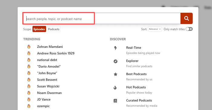 search for podcast from listennotes